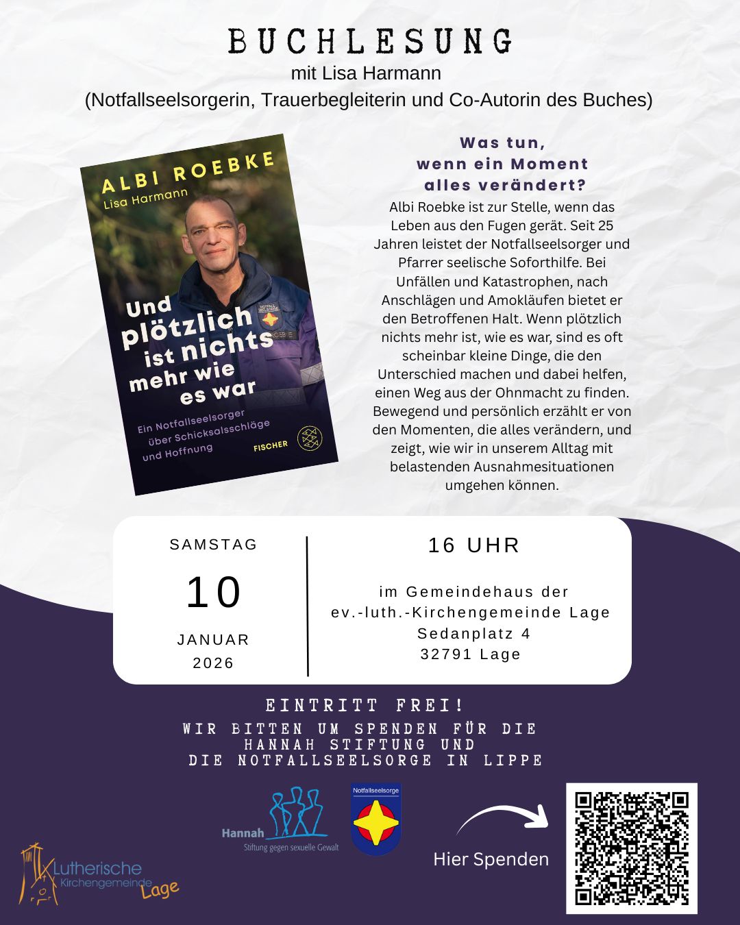 Buchlesung mit Lisa Harmann am 10.1.2026 um 16 Uhr im Gemeindehaus